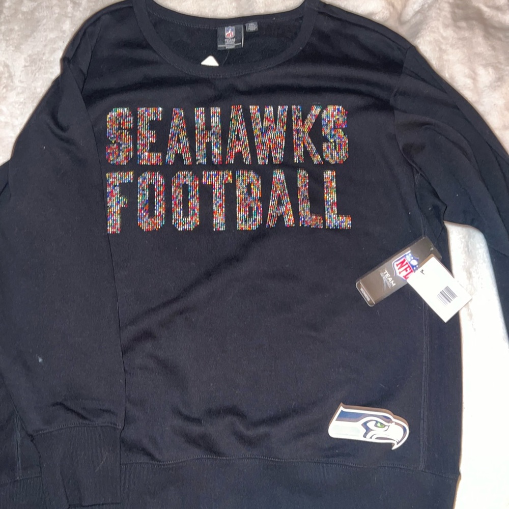 NFL Seahawks Black Crew Neck Sweater with rhinestone lettering